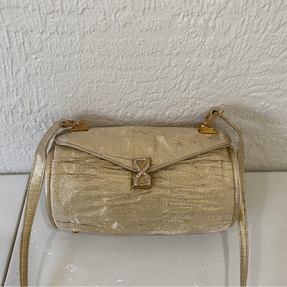 VINTAGE 1960s Lou Taylor gold ruched mini small cocktail bag w/ built in MIRROR - Picture 4 of 15